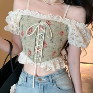 Floral Y2K Crop Top for Women - Slim Short Sleeve Elegant Blouse, Korean Style Summer Fashion