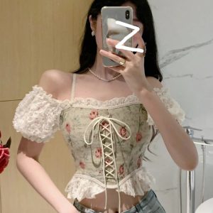 Floral Y2K Crop Top for Women - Slim Short Sleeve Elegant Blouse, Korean Style Summer Fashion