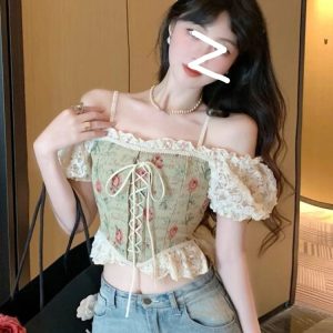 Floral Y2K Crop Top for Women - Slim Short Sleeve Elegant Blouse, Korean Style Summer Fashion