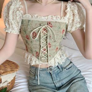 Floral Y2K Crop Top for Women - Slim Short Sleeve Elegant Blouse, Korean Style Summer Fashion