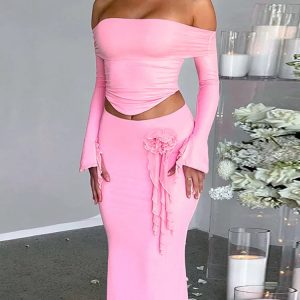 Flower Bodycon Skirt Set with Lace-Up Top - Elegant 2-Piece Women's Party Outfit