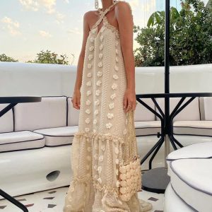 Flower Splice Baggy Maxi Dress for Women - 2023 Autumn Loose Hollow Out Princess Evening Dress