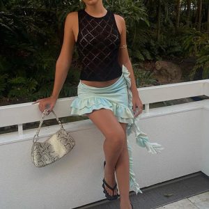 Flower Splice Ruffle Mini Skirt for Women - Y2K Aesthetic Asymmetrical Bandage Skirt 2024