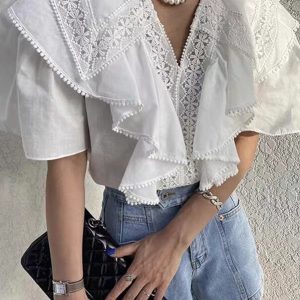 French Retro Lace Hollow Stitching Casual Top - Y2K Aesthetic Cute Top for Effortless Style