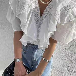 French Retro Lace Hollow Stitching Casual Top - Y2K Aesthetic Cute Top for Effortless Style