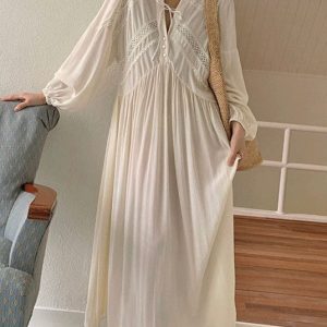 French Spliced Hollow Lace Long-Sleeved Dress - Y2K Aesthetic Coquette Style Fashion