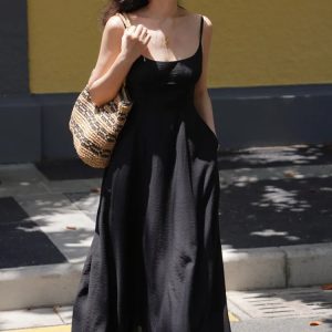 French Style A-Line Midi Dress with Pockets - Solid Spaghetti Strap Casual Summer Fashion