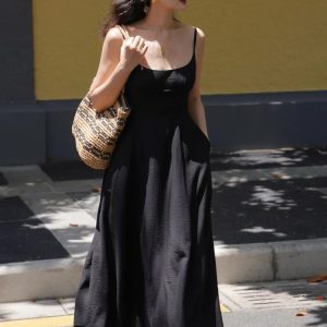 French Style A-Line Midi Dress with Pockets - Solid Spaghetti Strap Casual Summer Fashion