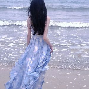 French Style Blue Dress - Fairy Summer Aesthetic, Elegant Seaside Vacation Long Dress