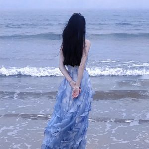 French Style Blue Dress - Fairy Summer Aesthetic, Elegant Seaside Vacation Long Dress