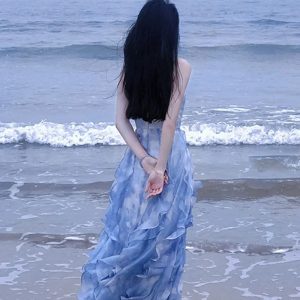 French Style Blue Dress - Fairy Summer Aesthetic, Elegant Seaside Vacation Long Dress