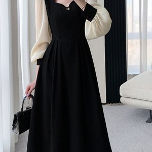 French Style Long Sleeve Midi Dress for Women - Solid Square Collar Zipper Party Dress 2023