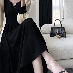 French Style Long Sleeve Midi Dress for Women - Solid Square Collar Zipper Party Dress 2023