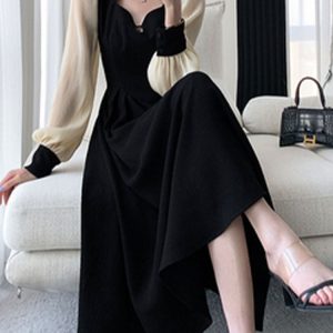 French Style Long Sleeve Midi Dress for Women - Solid Square Collar Zipper Party Dress 2023