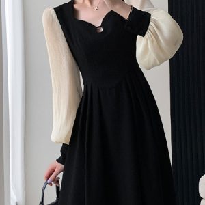 French Style Long Sleeve Midi Dress for Women - Solid Square Collar Zipper Party Dress 2023