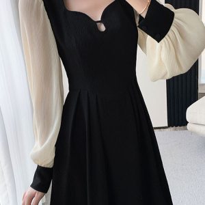 French Style Long Sleeve Midi Dress for Women - Solid Square Collar Zipper Party Dress 2023