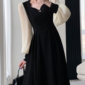 French Style Long Sleeve Midi Dress for Women - Solid Square Collar Zipper Party Dress 2023