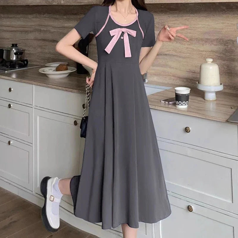 French Style Sweet Bow Fairy Dress for Women - Slim Fit Waist-Defined Slit Dress for Spring/Summer 2024