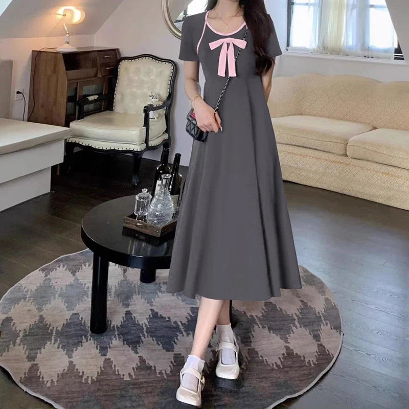 French Style Sweet Bow Fairy Dress for Women - Slim Fit Waist-Defined Slit Dress for Spring/Summer 2024