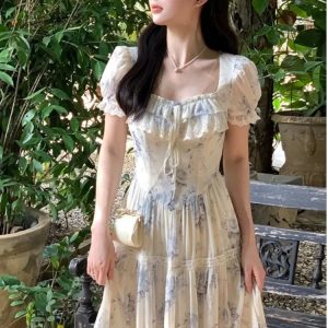 French Vintage Floral Chiffon Midi Dress with Ruffles - Elegant A-Line Summer Party Dress