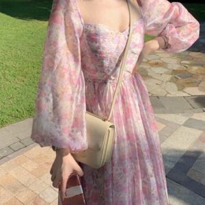 French Vintage Floral Midi Dress - Elegant Long Sleeve Chiffon Dress for Evening Parties