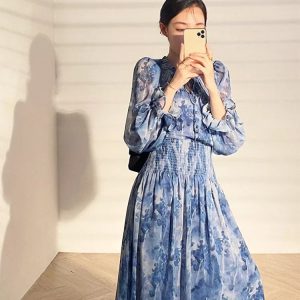 French Vintage Floral Midi Dress for Women - Slim Fit Long Sleeve Fairy Dress, Casual Summer Style