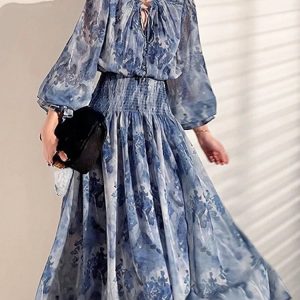 French Vintage Floral Midi Dress for Women - Slim Fit Long Sleeve Fairy Dress, Casual Summer Style