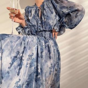 French Vintage Floral Midi Dress for Women - Slim Fit Long Sleeve Fairy Dress, Casual Summer Style