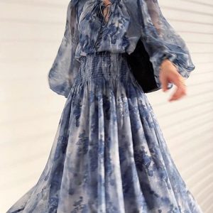 French Vintage Floral Midi Dress for Women - Slim Fit Long Sleeve Fairy Dress, Casual Summer Style