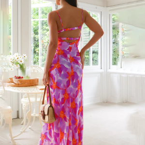 Fresh and Sweet Floral Print Backless Midi Dress for Y2K Aesthetic Summer Vibes