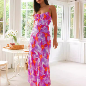 Fresh and Sweet Floral Print Backless Midi Dress for Y2K Aesthetic Summer Vibes