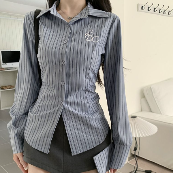 Fresh Stripe Print Y2K Aesthetic Slim Long Sleeve Shirt for Trendy Outfits