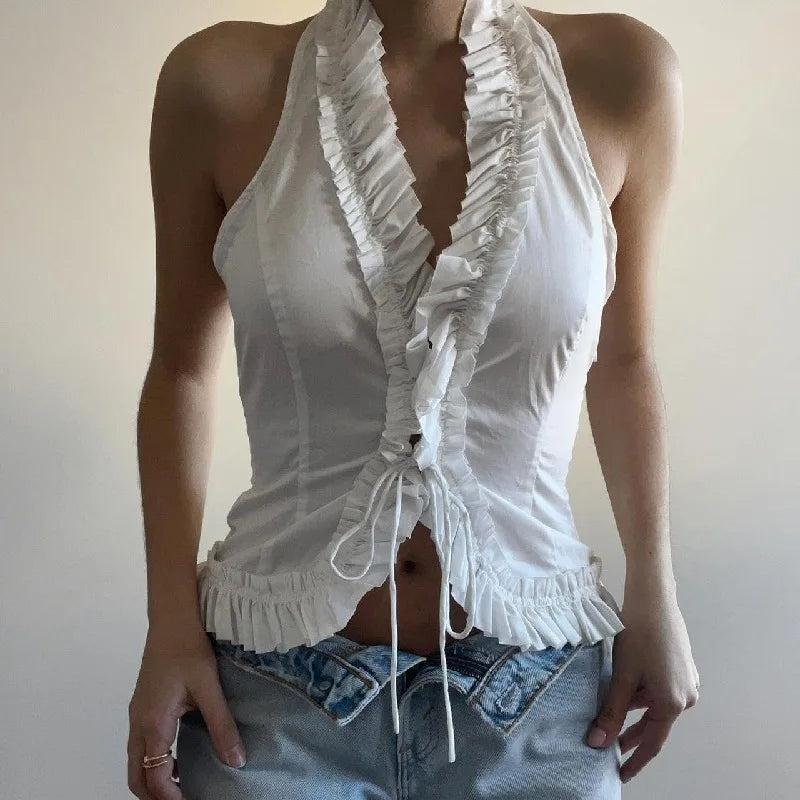 Frill V-Neck Halter Crop Top - Backless Y2K Lace-Up Slim Fit Women's Summer Fashion Top