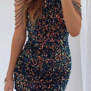 Fringe Shoulder Sequin Mini Dress - Y2K Aesthetic Party Outfit for Trendy Nights