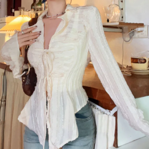 Front Tie Ruffle Long Sleeve Blouse - Y2K Fashion Cute Top for Coquette Aesthetic Outfits