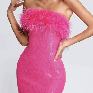 Fuzzy Strapless Sequin Pack Hip Dress - Y2K Aesthetic Party Dress for Trendy Nights