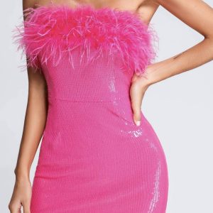 Fuzzy Strapless Sequin Pack Hip Dress - Y2K Aesthetic Party Dress for Trendy Nights