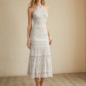 Glamorous Y2K Lace Halter Long Dress for Coquette Aesthetic and Grunge Style