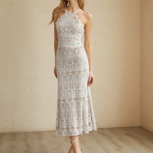 Glamorous Y2K Lace Halter Long Dress for Coquette Aesthetic and Grunge Style