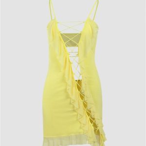 Golden Outpost Y2K Ruffle Dress with Shoelace Detail - Cute Coquette Aesthetic Fashion