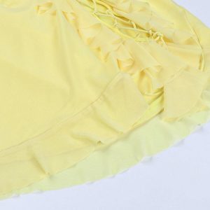 Golden Outpost Y2K Ruffle Dress with Shoelace Detail - Cute Coquette Aesthetic Fashion