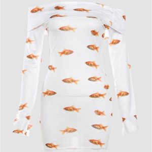 Goldfish Print Y2K Off Shoulder Mini Dress - Cute Aesthetic Summer Fashion