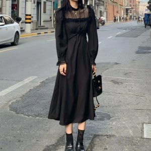 Gothic Black Y2K Midi Dress with Lace Long Sleeves for Elegant Autumn Evening Parties