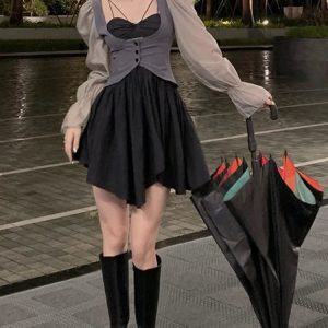 Gothic Vintage Y2K Mini Dress Set - Casual Korean Style Strap Dress & Kawaii Suits 2024