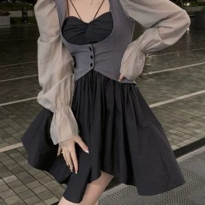 Gothic Vintage Y2K Mini Dress Set - Casual Korean Style Strap Dress & Kawaii Suits 2024