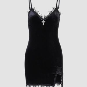 Gothica Marie Lace Cami Dress - Y2K Aesthetic Grunge Style with Coquette Charm