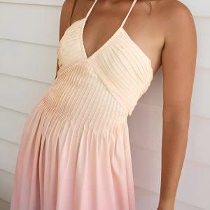 Gradient Pleated V-Neck Halter Dress - Y2K Aesthetic Fashion for Effortless Style