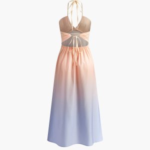 Gradient Pleated V-Neck Halter Dress - Y2K Aesthetic Fashion for Effortless Style