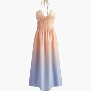 Gradient Pleated V-Neck Halter Dress - Y2K Aesthetic Fashion for Effortless Style