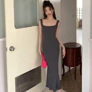 Gray Y2K Dress for Women - Backless Sleeveless Spaghetti Straps Square Neck Summer Fashion